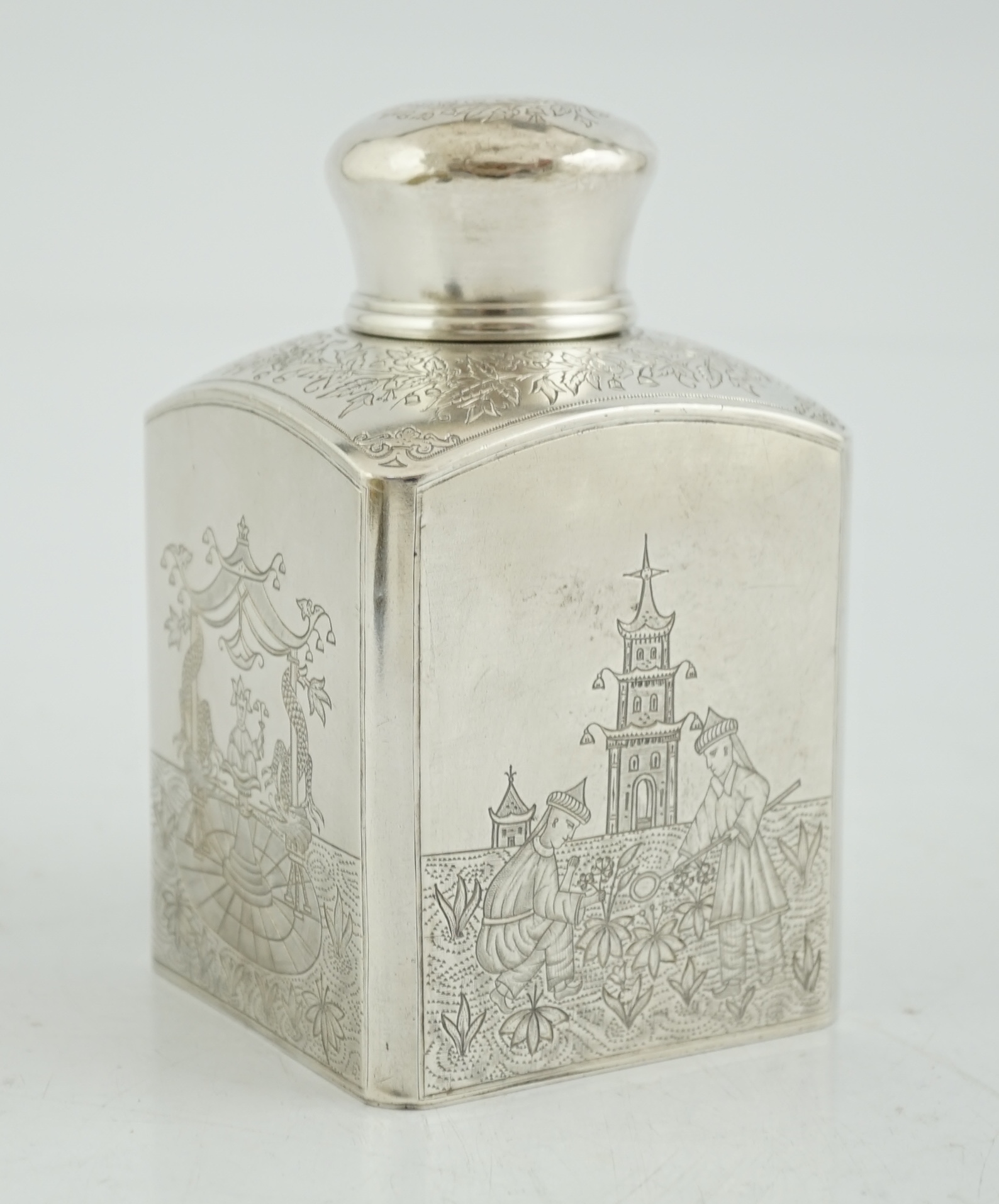 A late 19th century Russian 84 zolotnik silver rectangular tea caddy and cover, with engraved Chinoiserie decoration